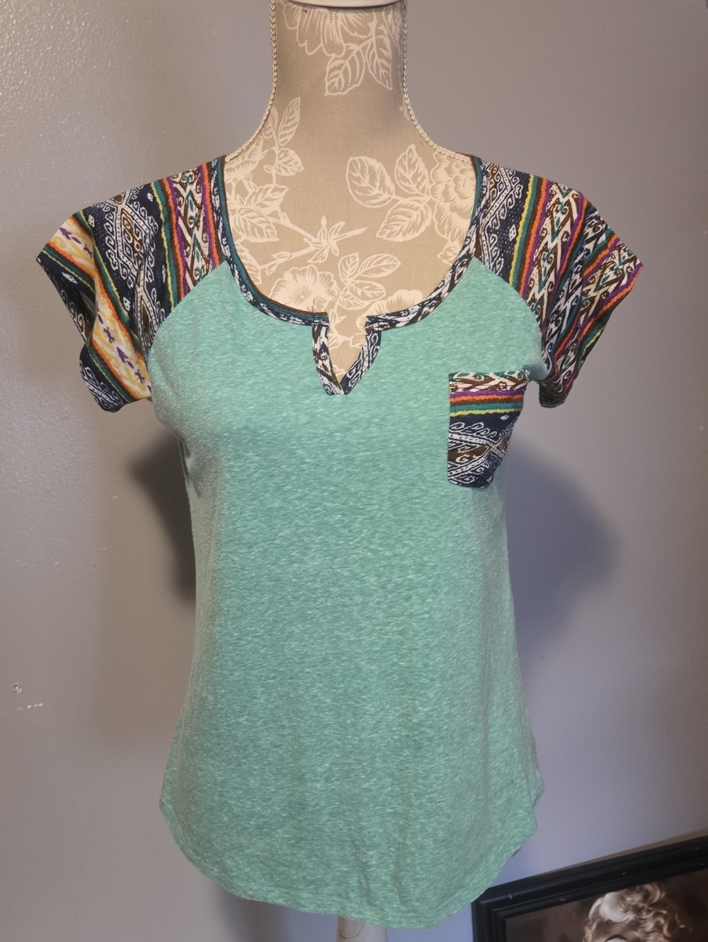 American Dream Mint Green Short Sleeve Top with Multicolor Patterned Sleeves